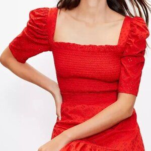 LOFT Red Smoked Eyelit Puff Sleeve Top Size Medium